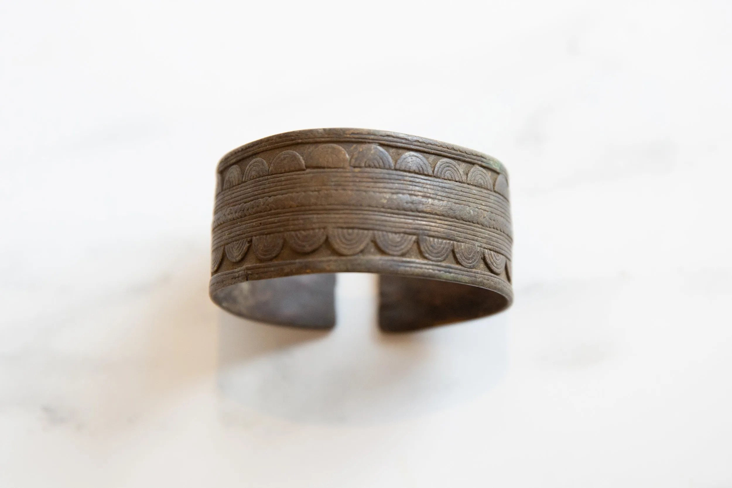 Antique African Bronze Cuff Bracelet with Geometric Detailing