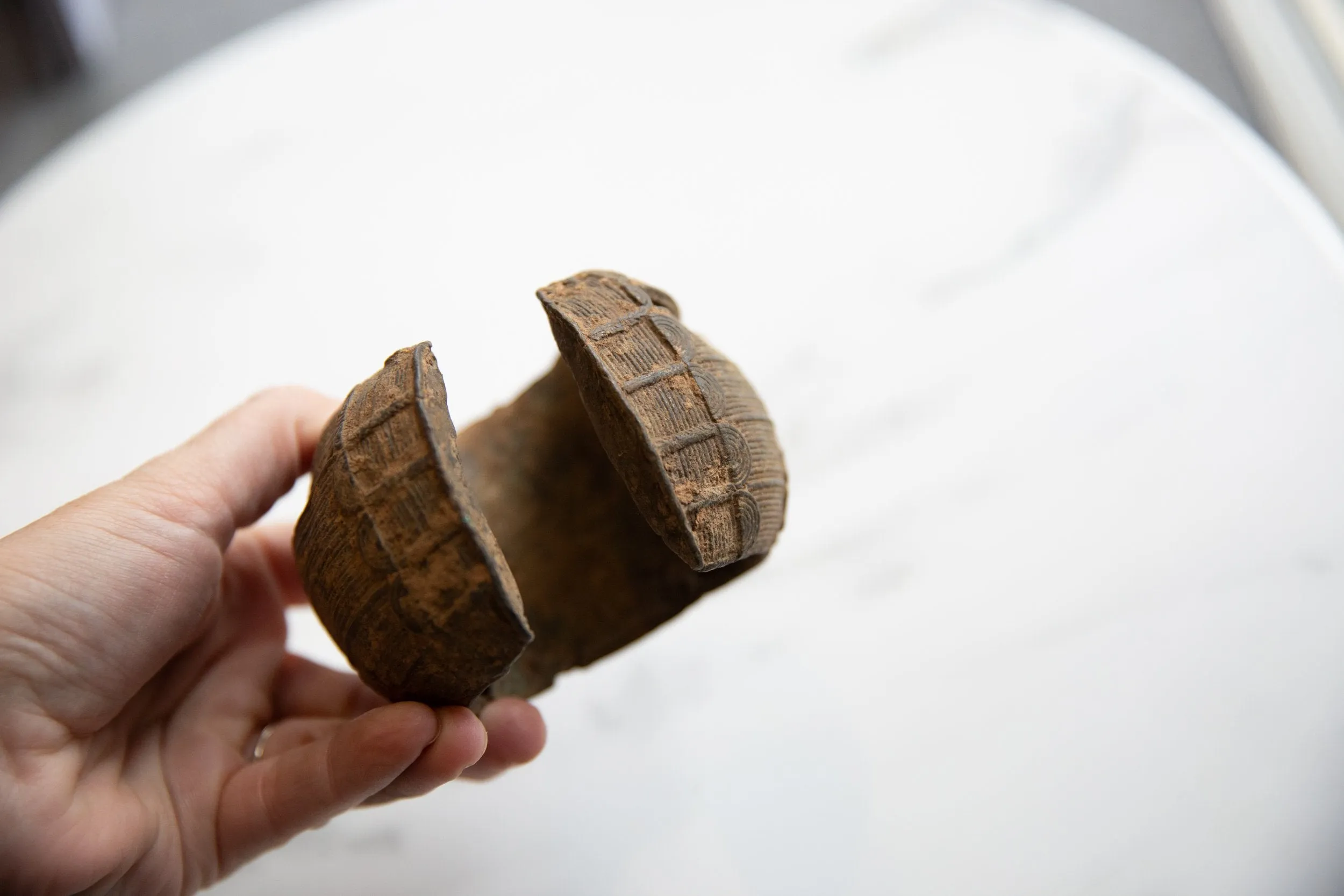 Antique African Metal Alloy Wide Cuff Bracelet with Geometric Detailing