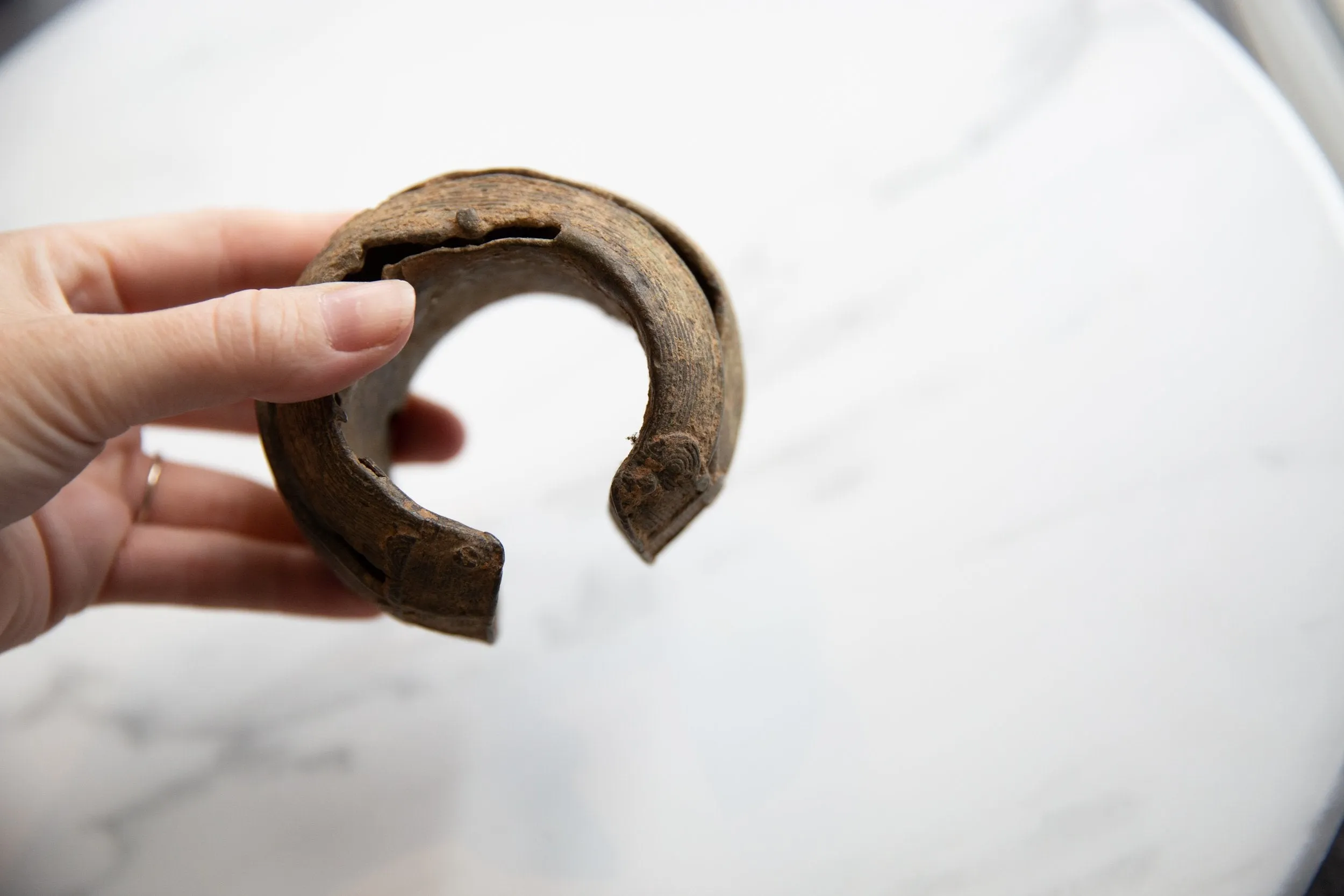 Antique African Metal Alloy Wide Cuff Bracelet with Geometric Detailing
