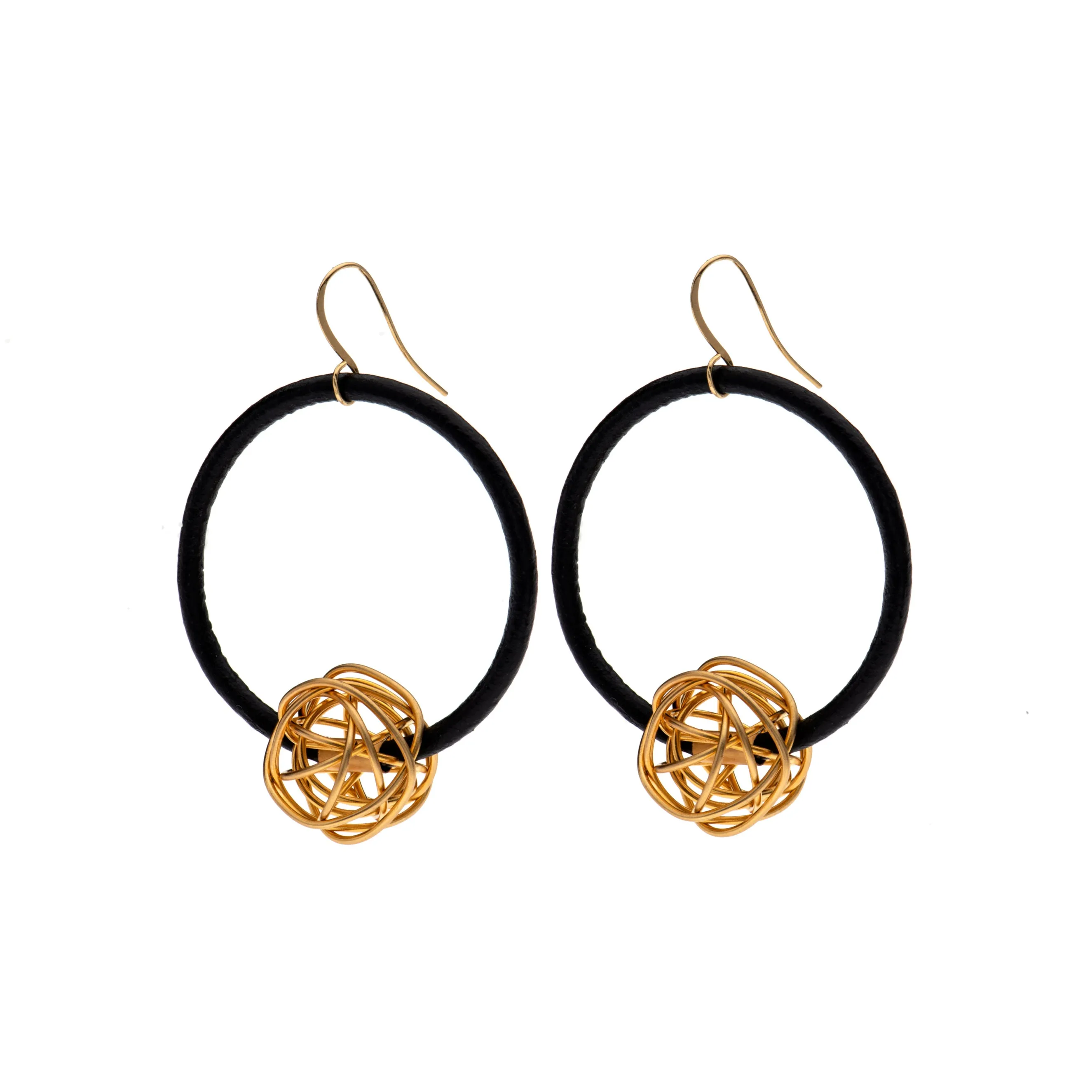 Aria Black hoop earrings with 24K gold wire ball