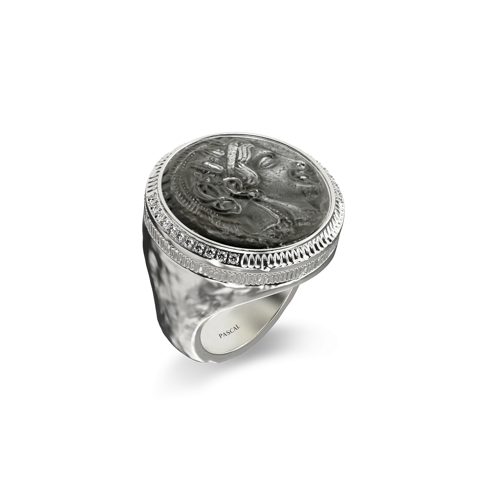 Athena Coin Signet Ring, White Diamond