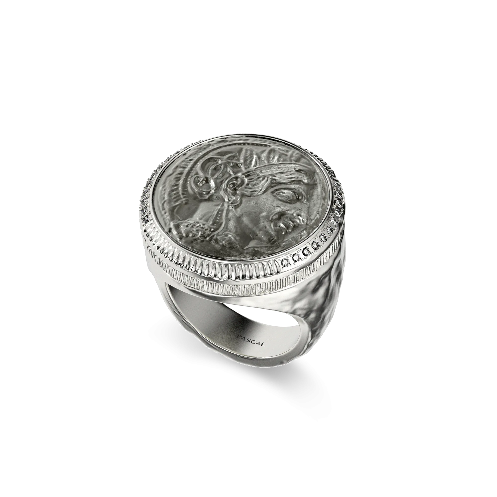 Athena Coin Signet Ring, White Diamond