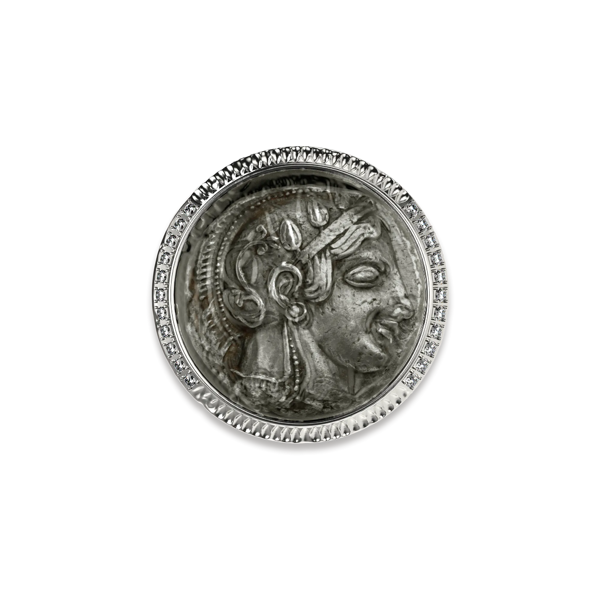 Athena Coin Signet Ring, White Diamond