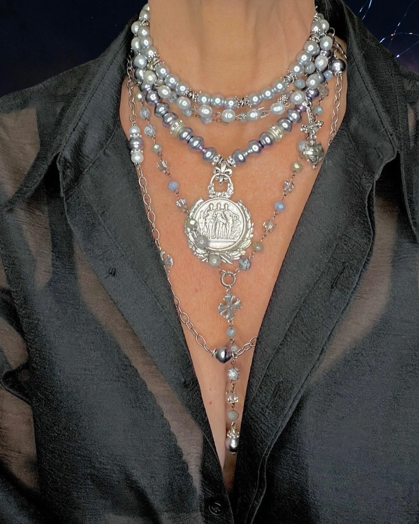 Auxois Lavender Glass Pearl and Silver French Coin Necklace Three Piece Set
