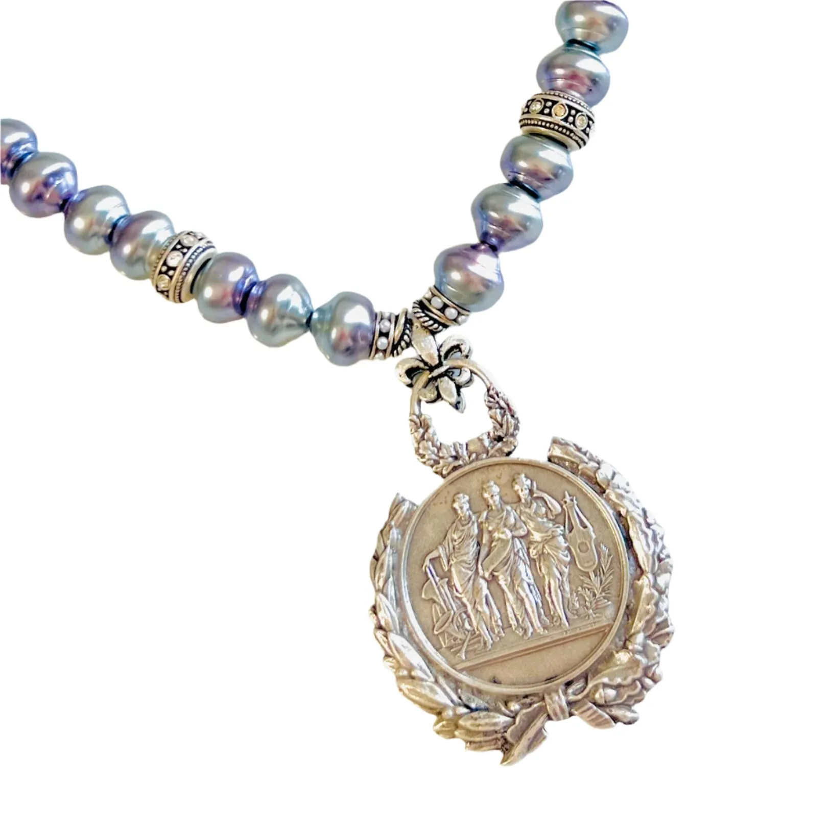 Auxois Lavender Glass Pearl and Silver French Coin Necklace Three Piece Set