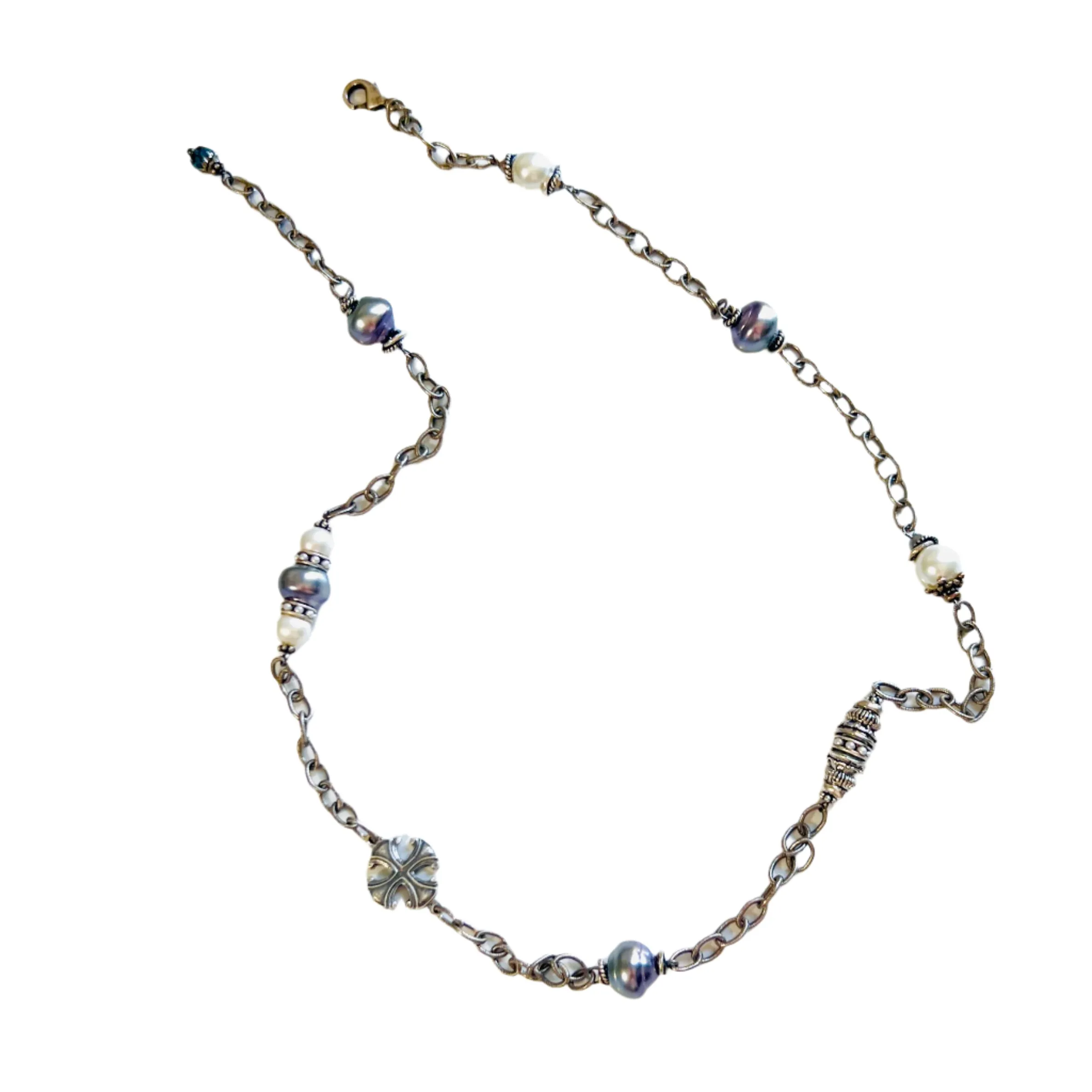 Auxois Lavender Glass Pearl and Silver French Coin Necklace Three Piece Set