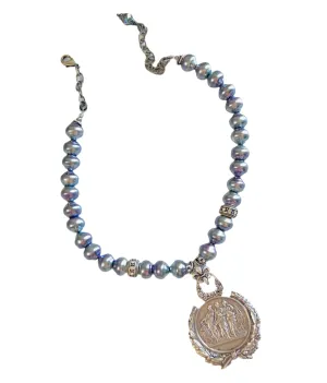 Auxois Lavender Glass Pearl and Silver French Coin Necklace Three Piece Set