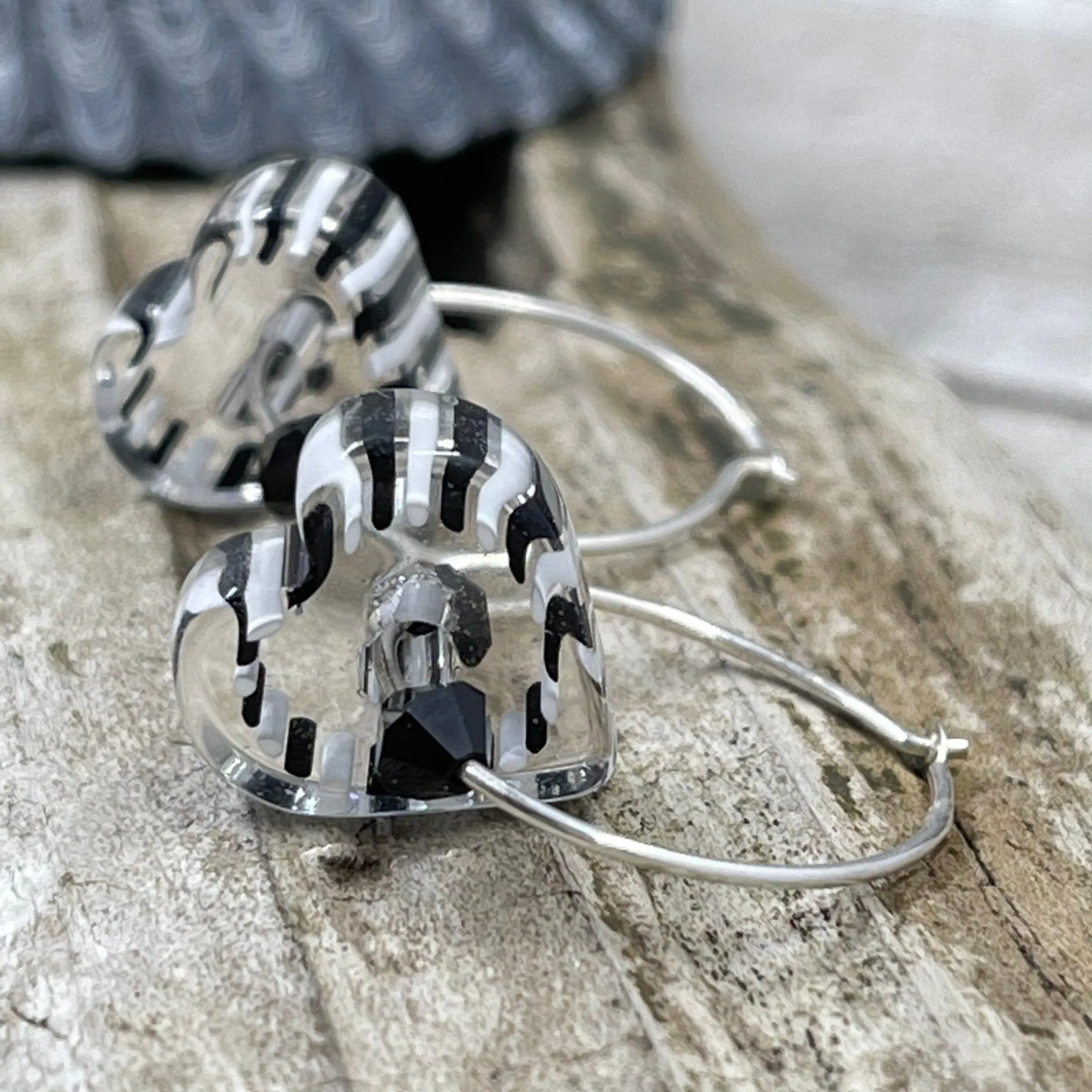 Black and White Heart Cane Glass Earrings