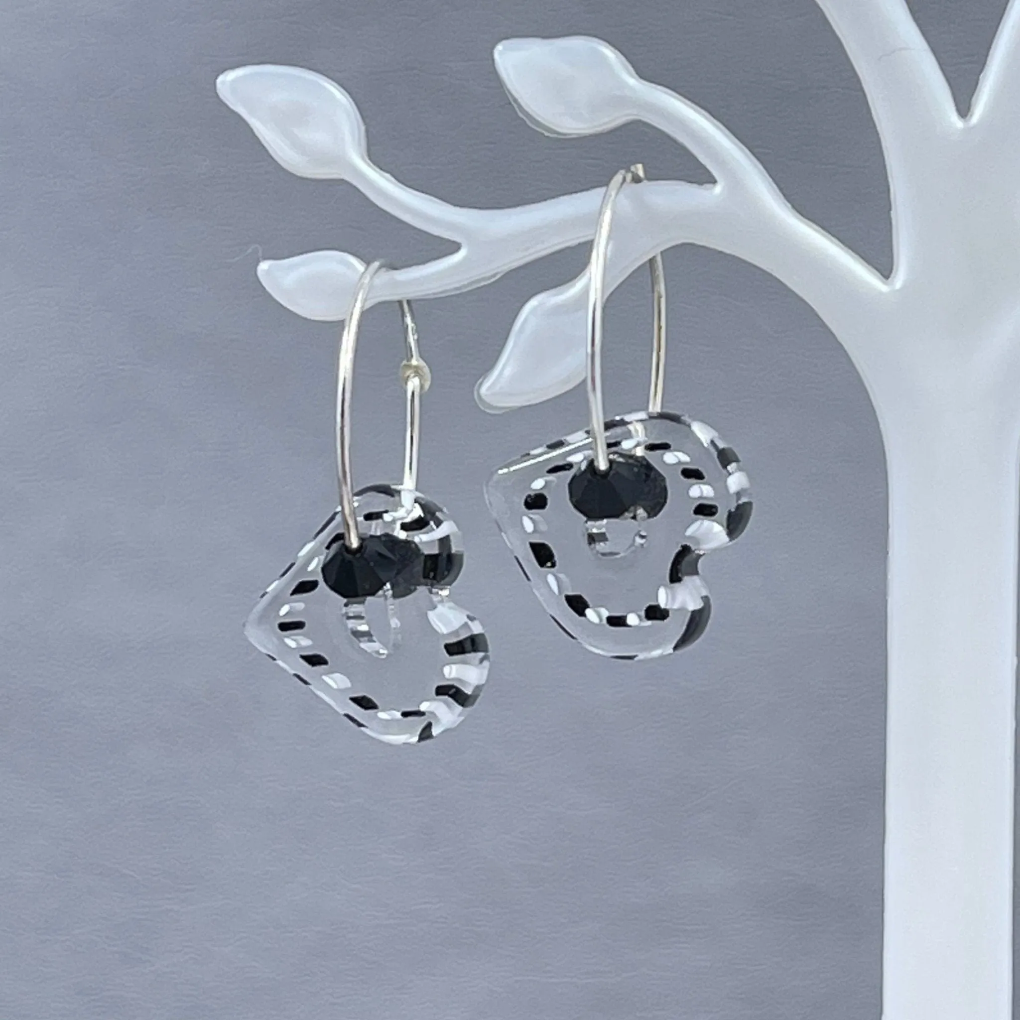 Black and White Heart Cane Glass Earrings