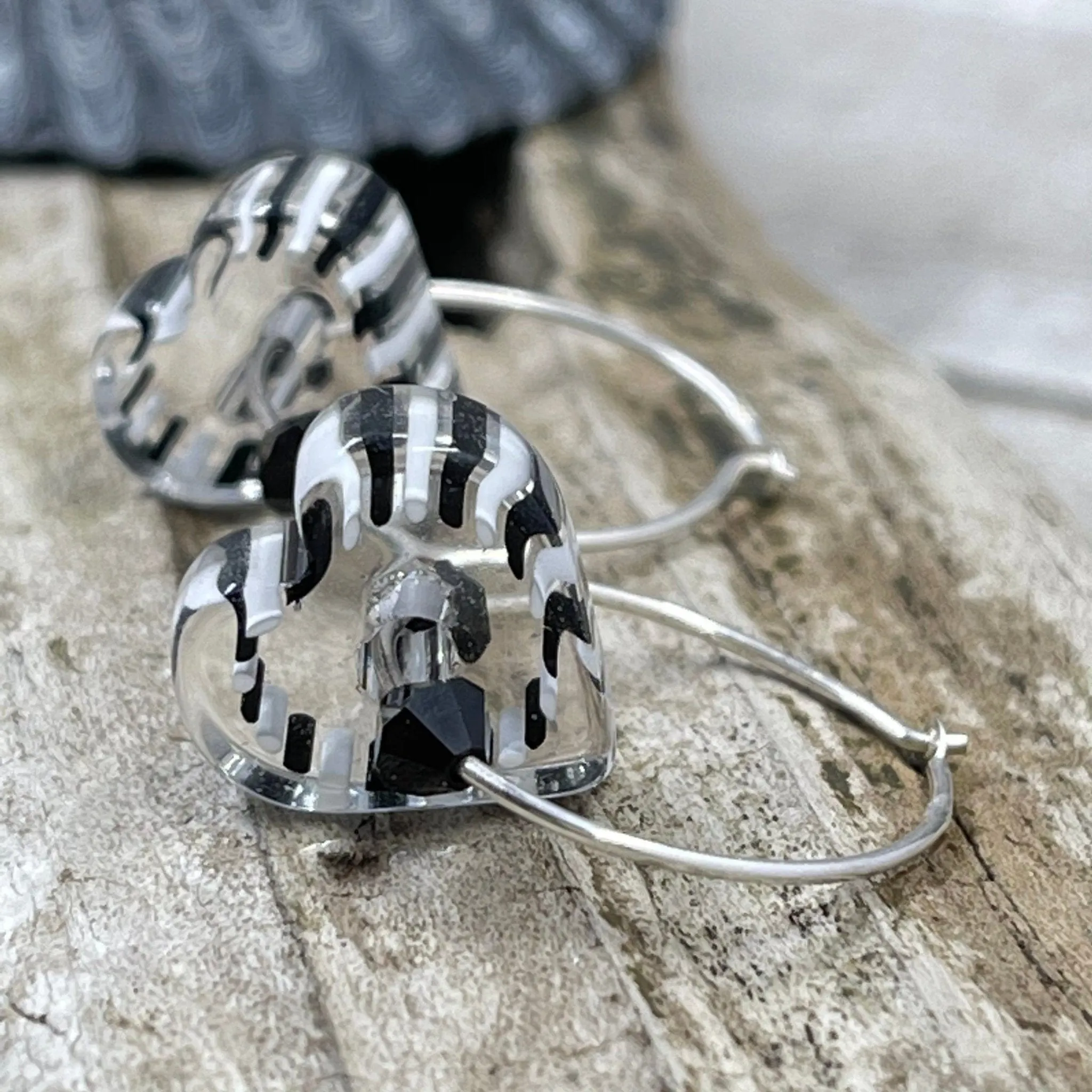 Black and White Heart Cane Glass Earrings