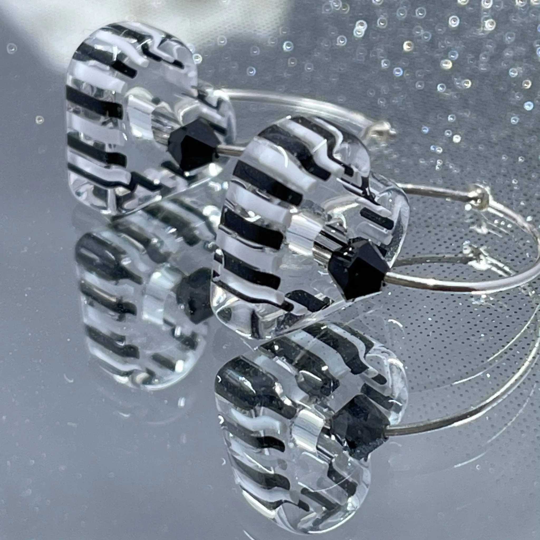 Black and White Heart Cane Glass Earrings