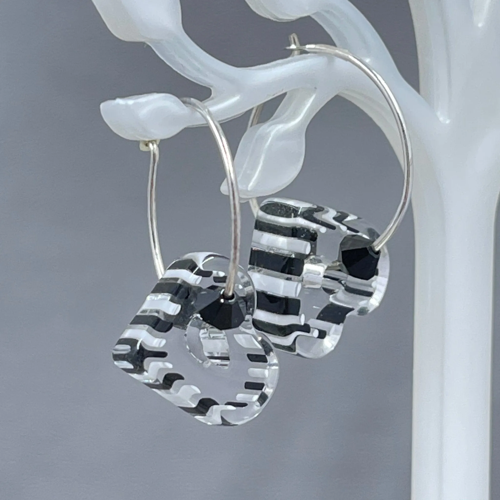 Black and White Heart Cane Glass Earrings