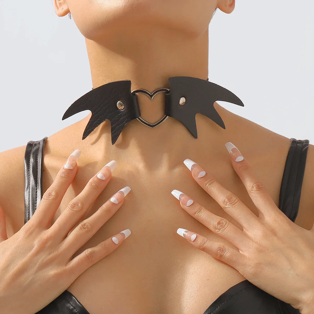 Black Polystyrene & Silver-Plated Bat Wing Heart Choker Necklace