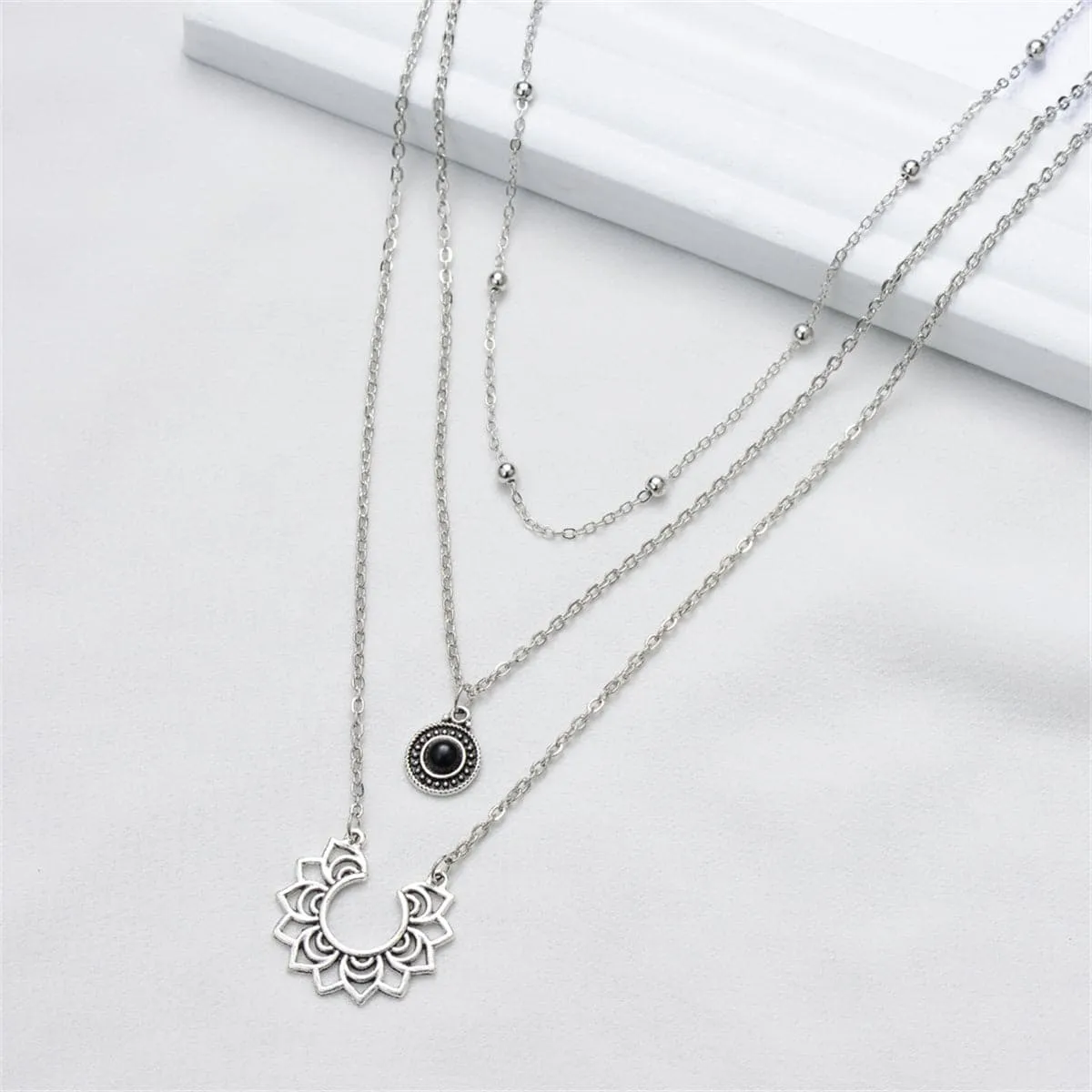 Black Resin & Silver-Plated Sunflower Layered Pendant Necklace