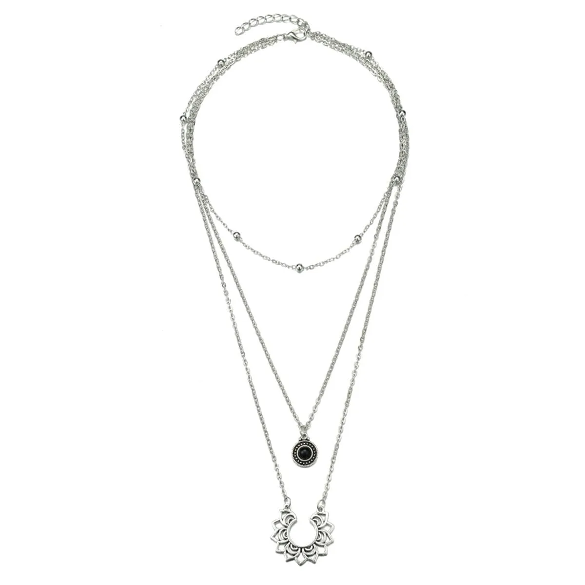 Black Resin & Silver-Plated Sunflower Layered Pendant Necklace