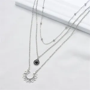 Black Resin & Silver-Plated Sunflower Layered Pendant Necklace