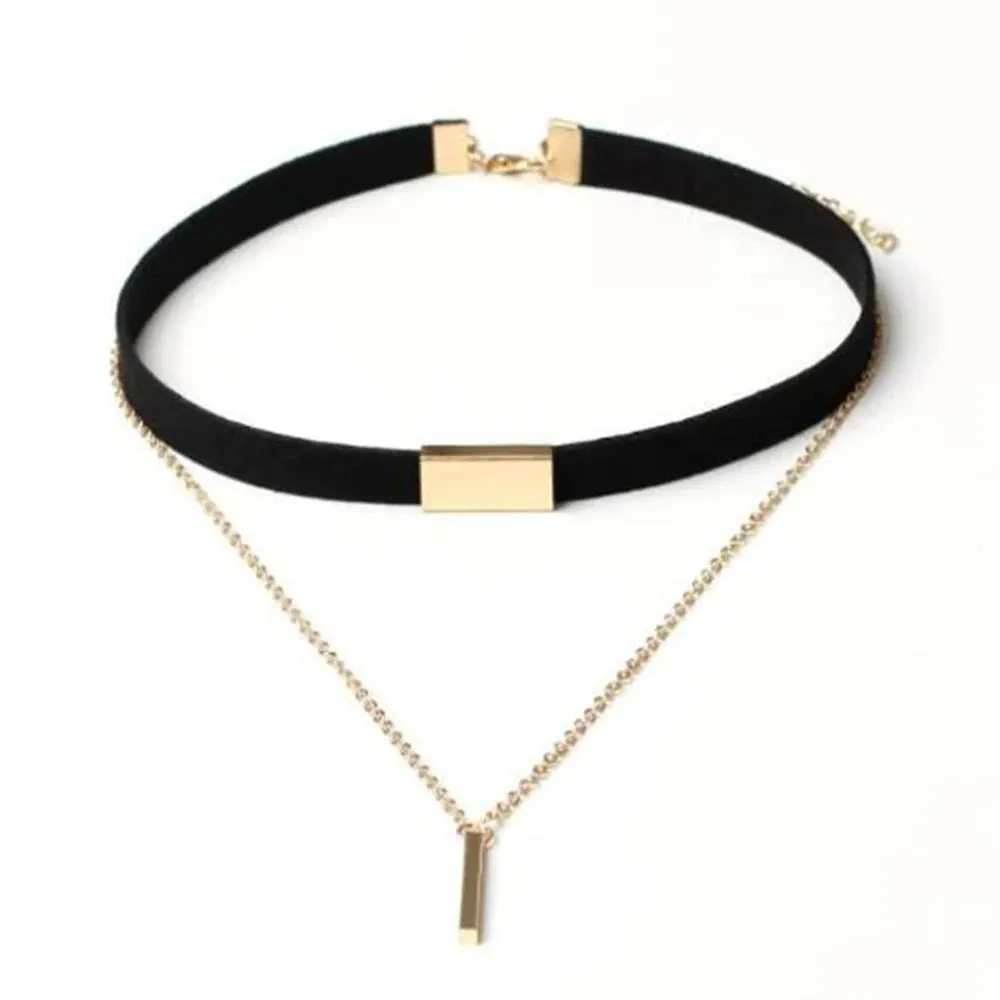 Black Velvet Choker Necklace Gold Chain Bar Chokers Necklace For Women