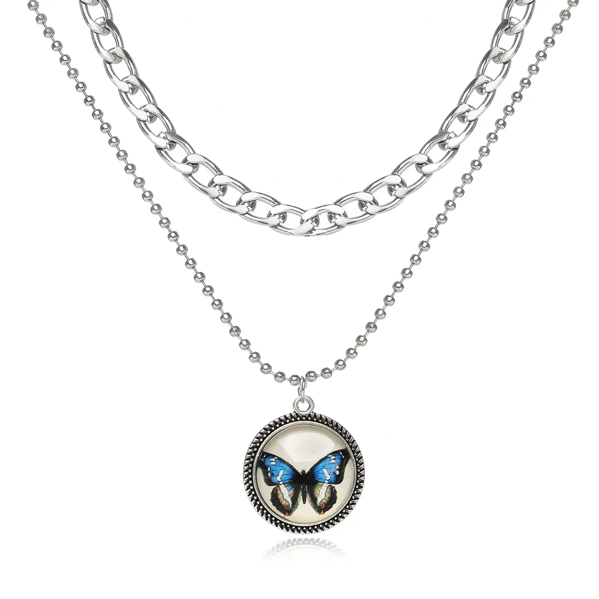 Blue Resin & Silver-Plated Butterfly Round Layered Pendant Necklace