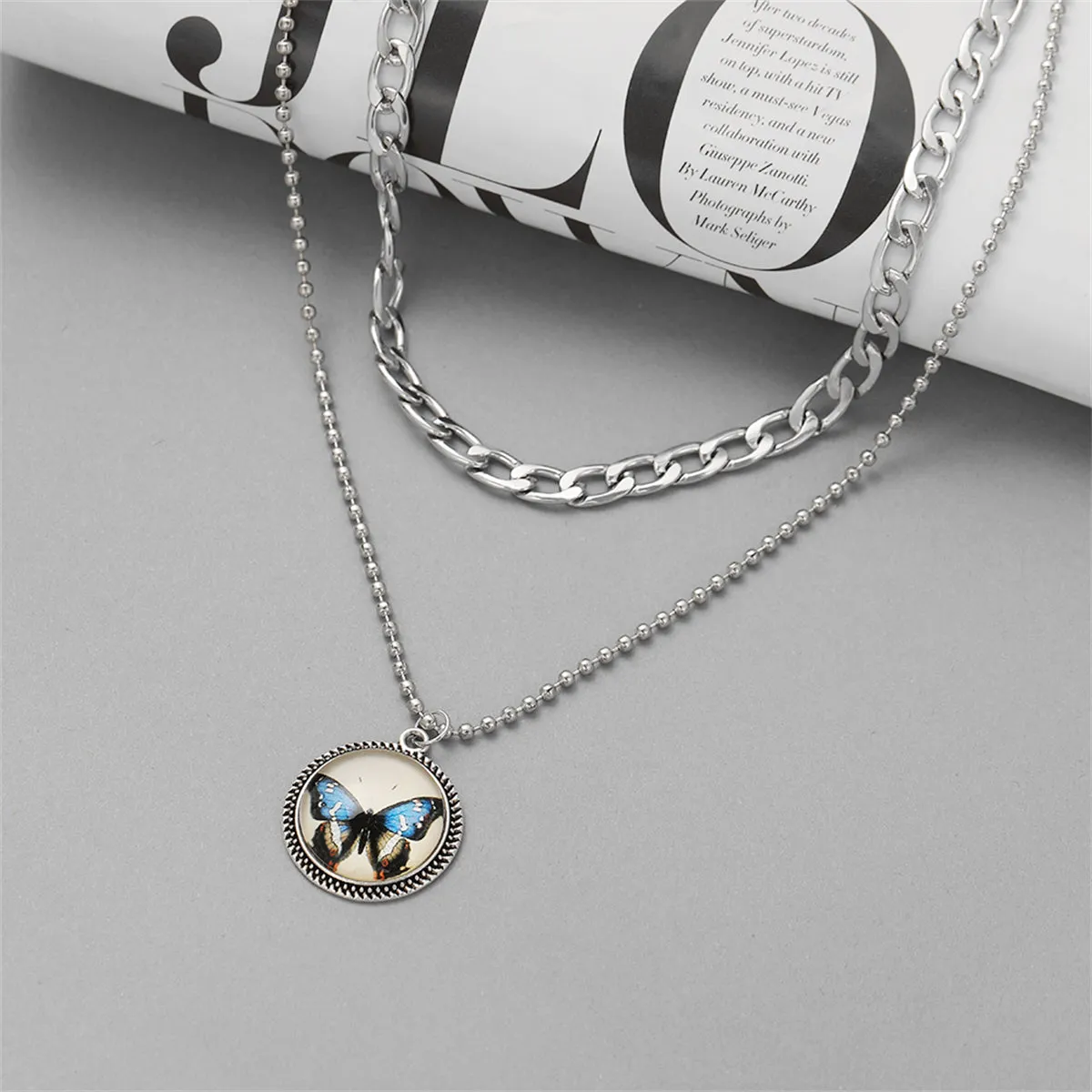Blue Resin & Silver-Plated Butterfly Round Layered Pendant Necklace