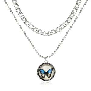 Blue Resin & Silver-Plated Butterfly Round Layered Pendant Necklace