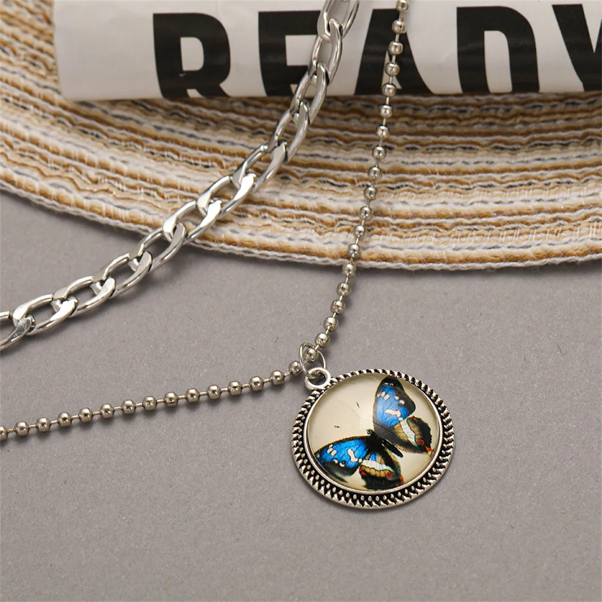 Blue Resin & Silver-Plated Butterfly Round Layered Pendant Necklace