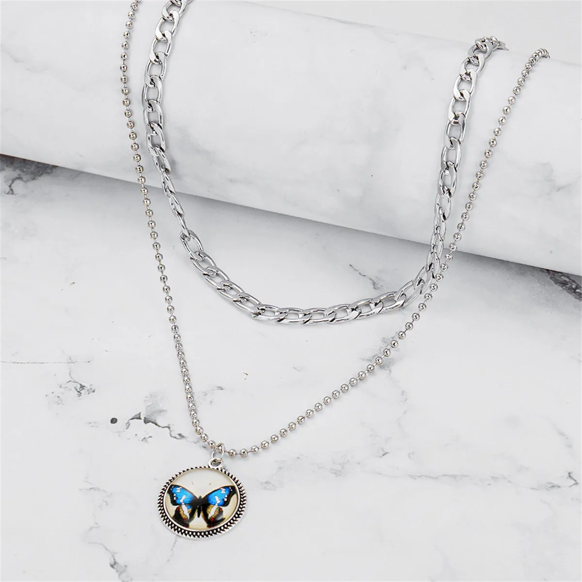 Blue Resin & Silver-Plated Butterfly Round Layered Pendant Necklace