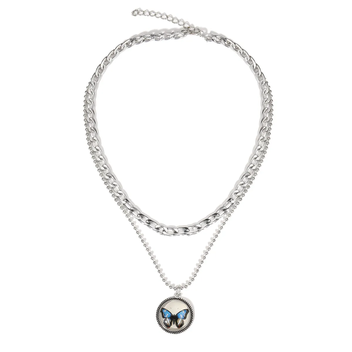 Blue Resin & Silver-Plated Butterfly Round Layered Pendant Necklace