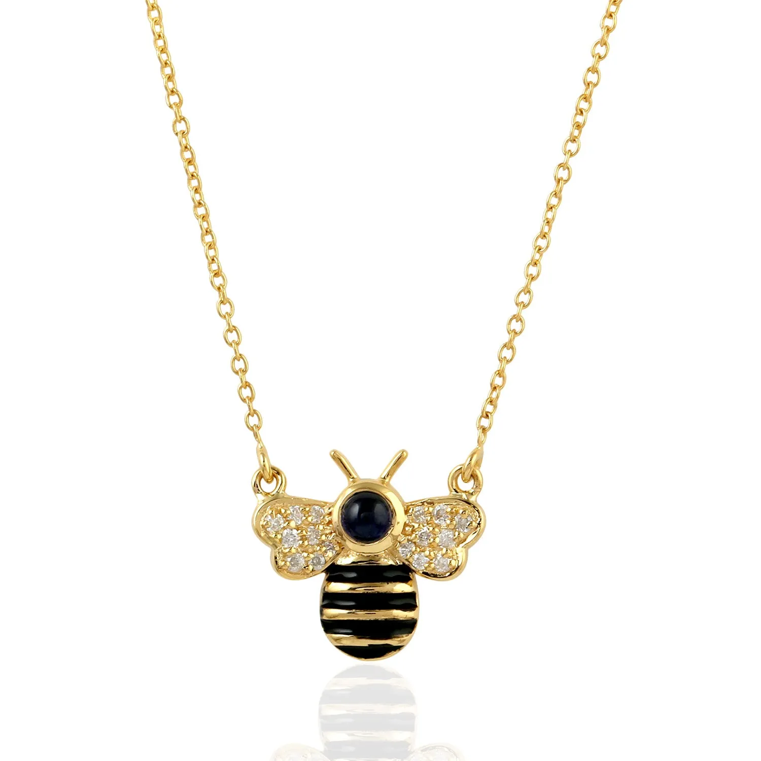 Blue Sapphire Pave Diamond Enamel Honey Bee Choker  Necklace In Yellow Gold