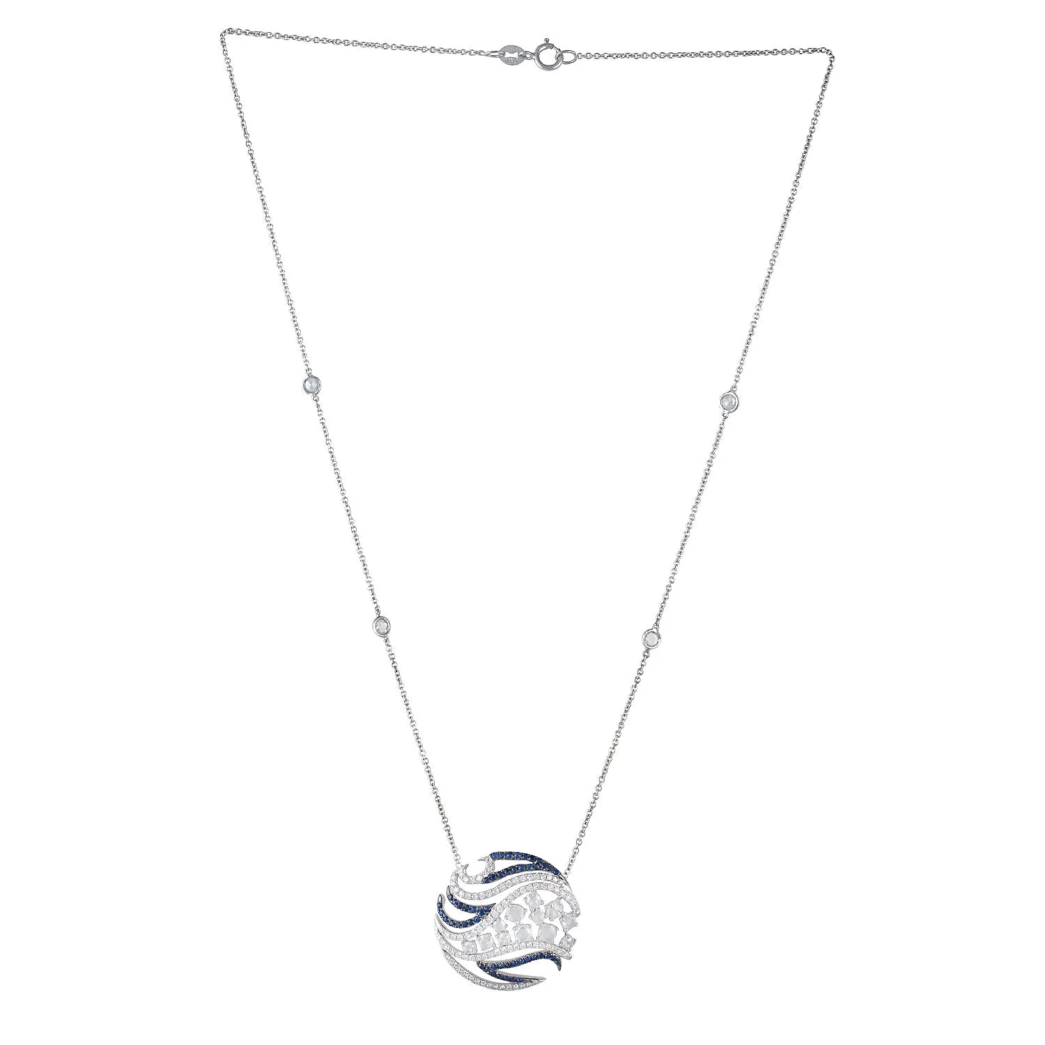 Blue Sapphire Pave Uncut Diamond Geometric Choker Necklace In White Gold