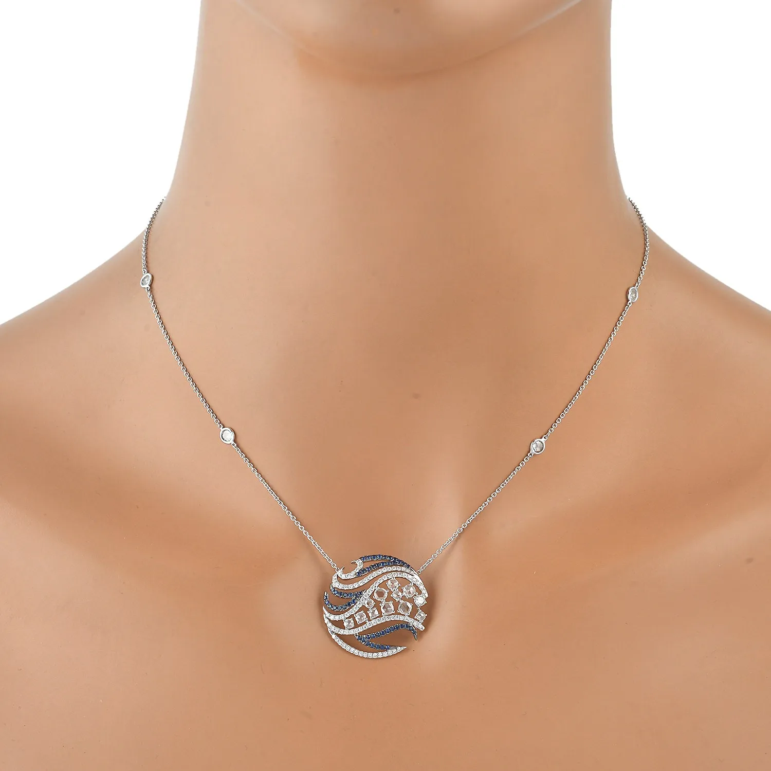 Blue Sapphire Pave Uncut Diamond Geometric Choker Necklace In White Gold