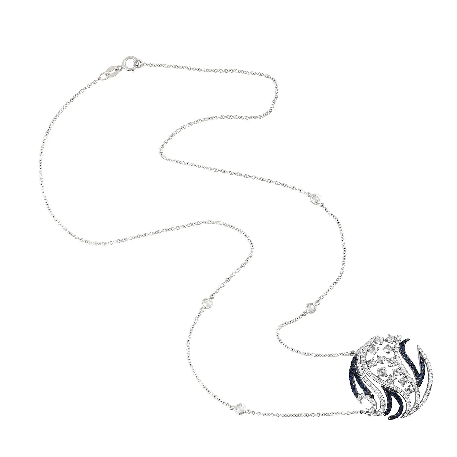Blue Sapphire Pave Uncut Diamond Geometric Choker Necklace In White Gold