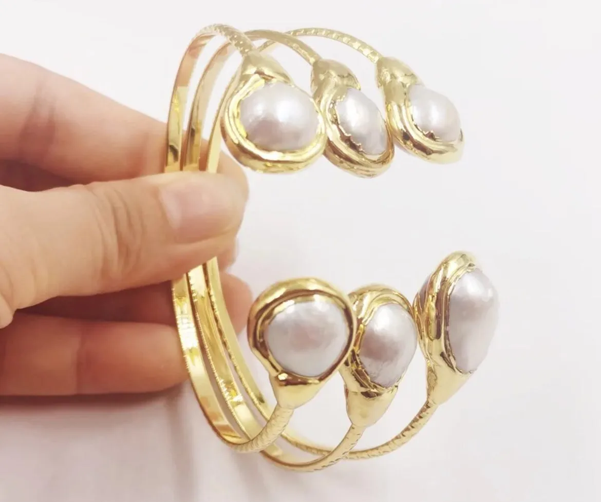 Boho & Mala Natural Pearl Brass Cuff Bracelet
