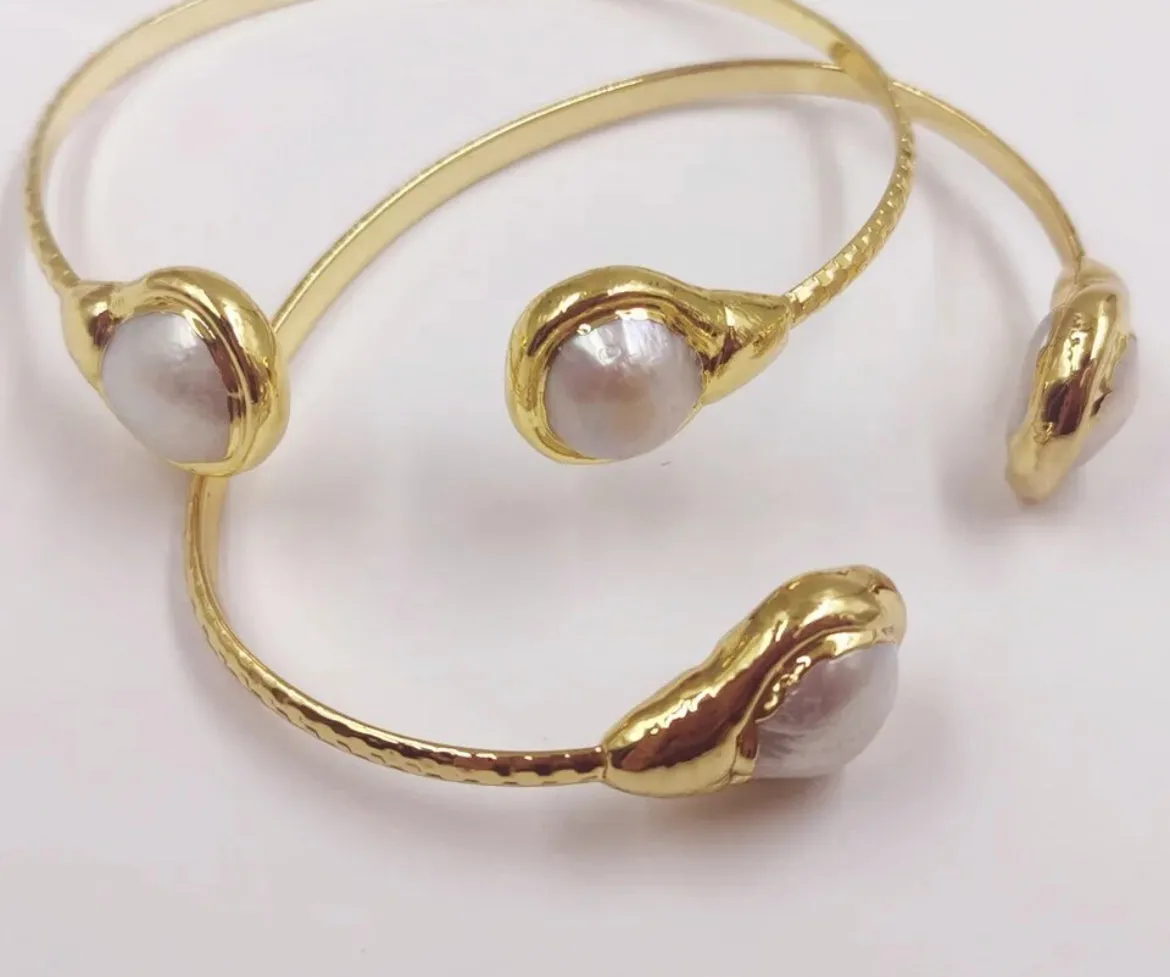 Boho & Mala Natural Pearl Brass Cuff Bracelet