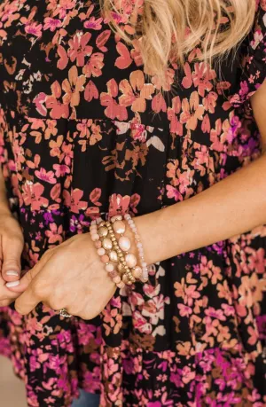 Brilliantly Beautiful Beaded Bracelet Set- Light Pink & Gold