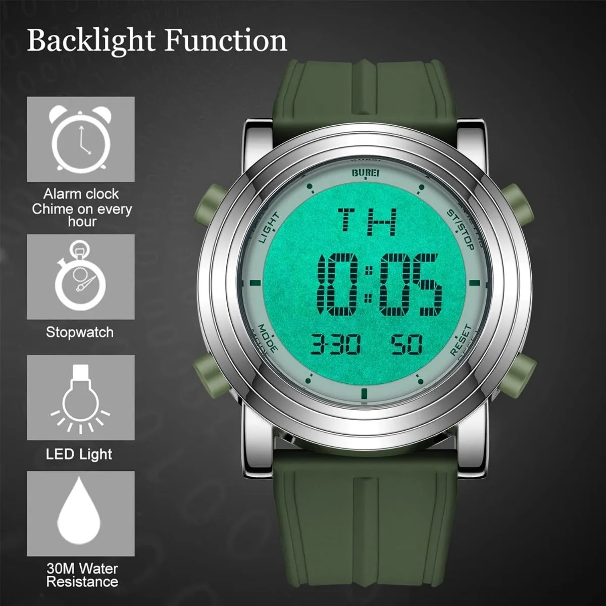 BUREI Digital Herren Uhren Sport Outdoor Armbanduhr Silikon Herren mit Wecker/Kalender/Stoppuhr/LED-Hintergrundbeleuchtung
