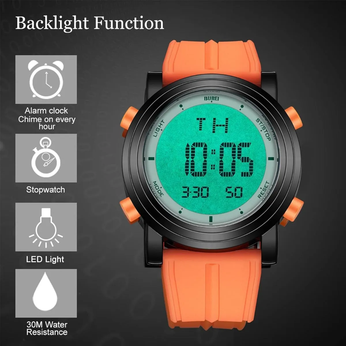 BUREI Digital Herren Uhren Sport Outdoor Armbanduhr Silikon Herren mit Wecker/Kalender/Stoppuhr/LED-Hintergrundbeleuchtung