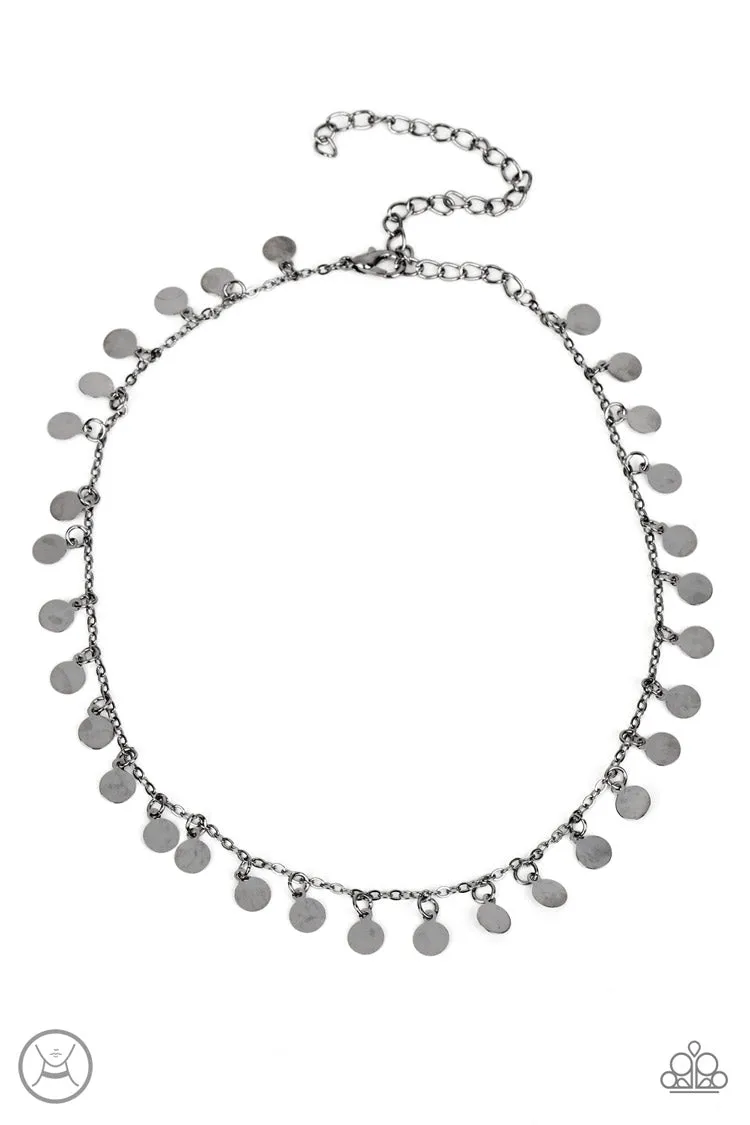 Champagne Catwalk - Black - Reflective Gunmetal Disc Paparazzi Choker Necklace