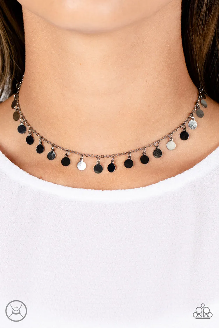Champagne Catwalk - Black - Reflective Gunmetal Disc Paparazzi Choker Necklace