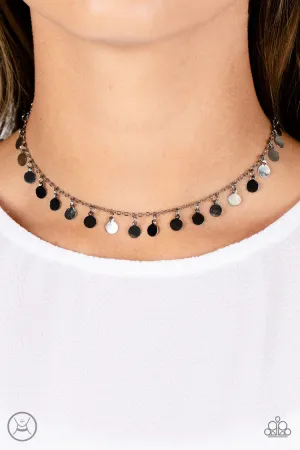 Champagne Catwalk - Black - Reflective Gunmetal Disc Paparazzi Choker Necklace