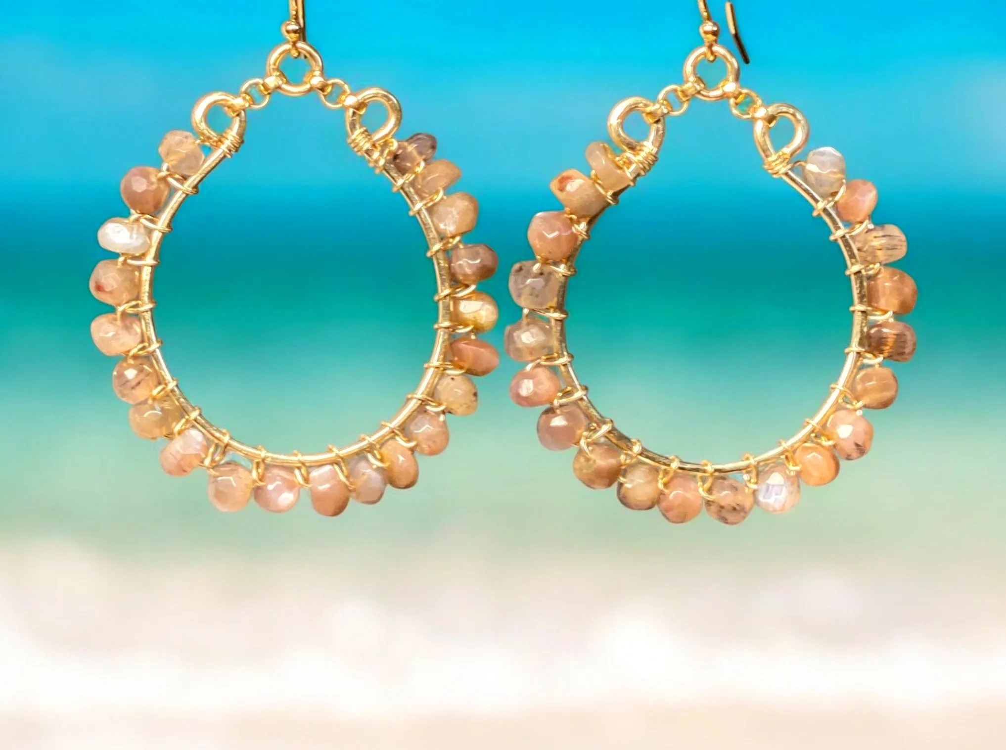 Chocolate Moonstone Hoop Earrings, Gold Fill, Sterling Silver