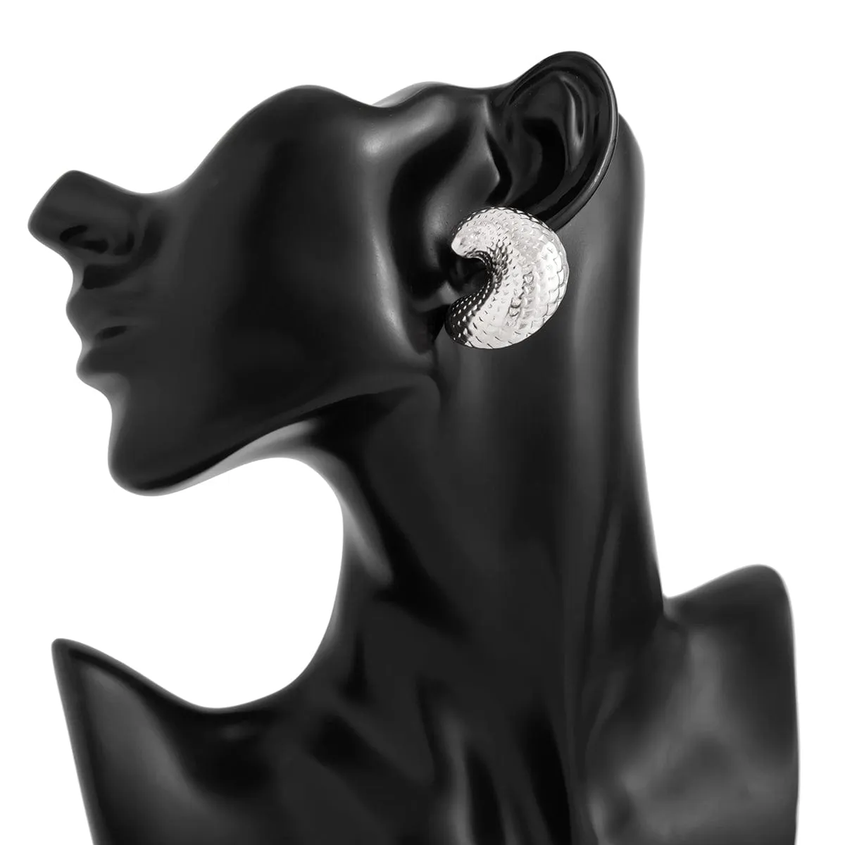 Chunky Gold Silver Tone Textured C Shaped Stud Earrings