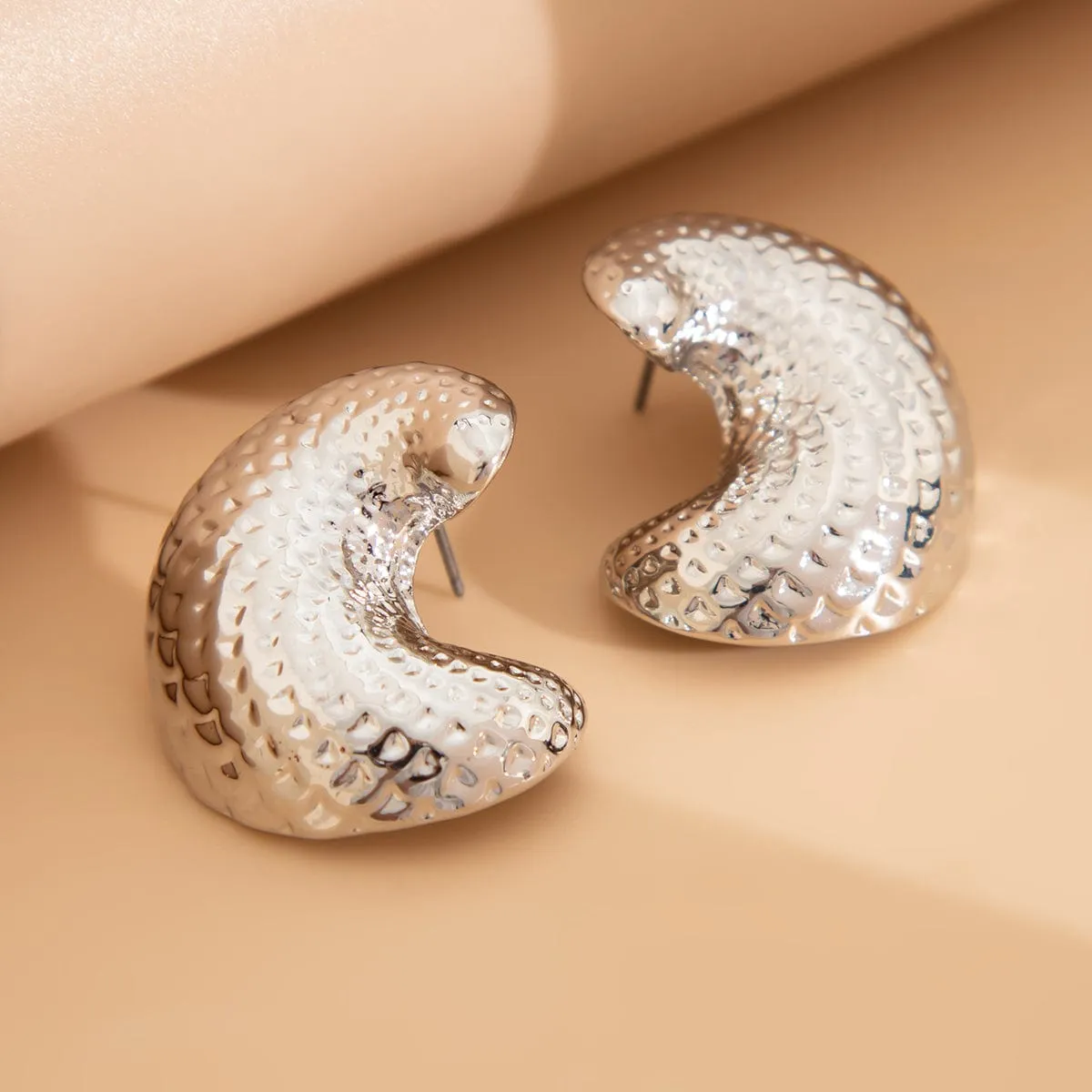 Chunky Gold Silver Tone Textured C Shaped Stud Earrings