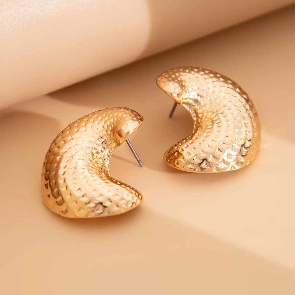 Chunky Gold Silver Tone Textured C Shaped Stud Earrings