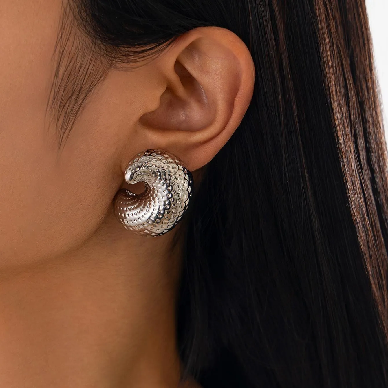 Chunky Gold Silver Tone Textured C Shaped Stud Earrings