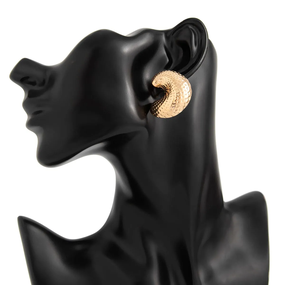 Chunky Gold Silver Tone Textured C Shaped Stud Earrings