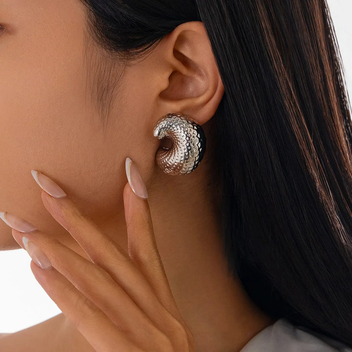 Chunky Gold Silver Tone Textured C Shaped Stud Earrings