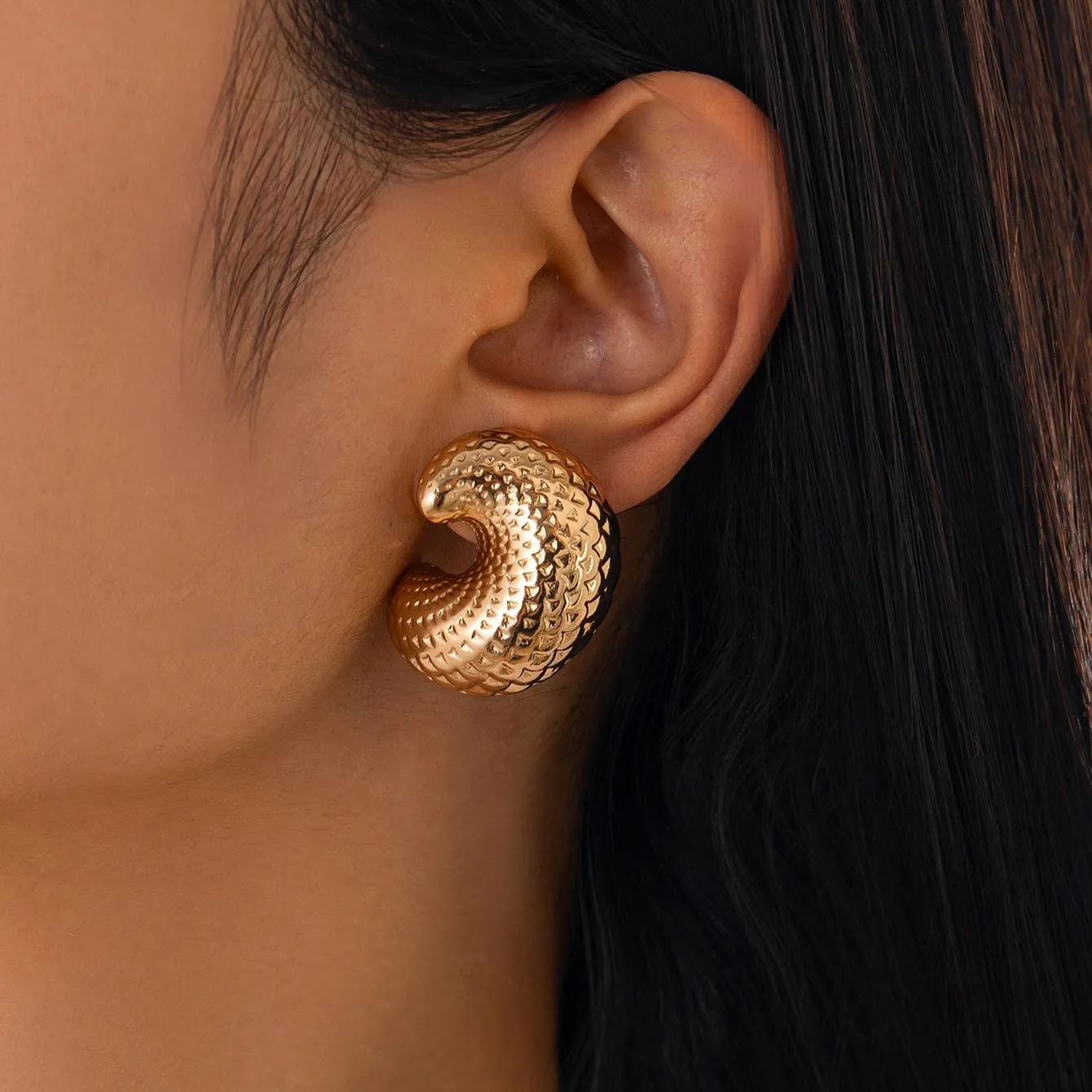 Chunky Gold Silver Tone Textured C Shaped Stud Earrings