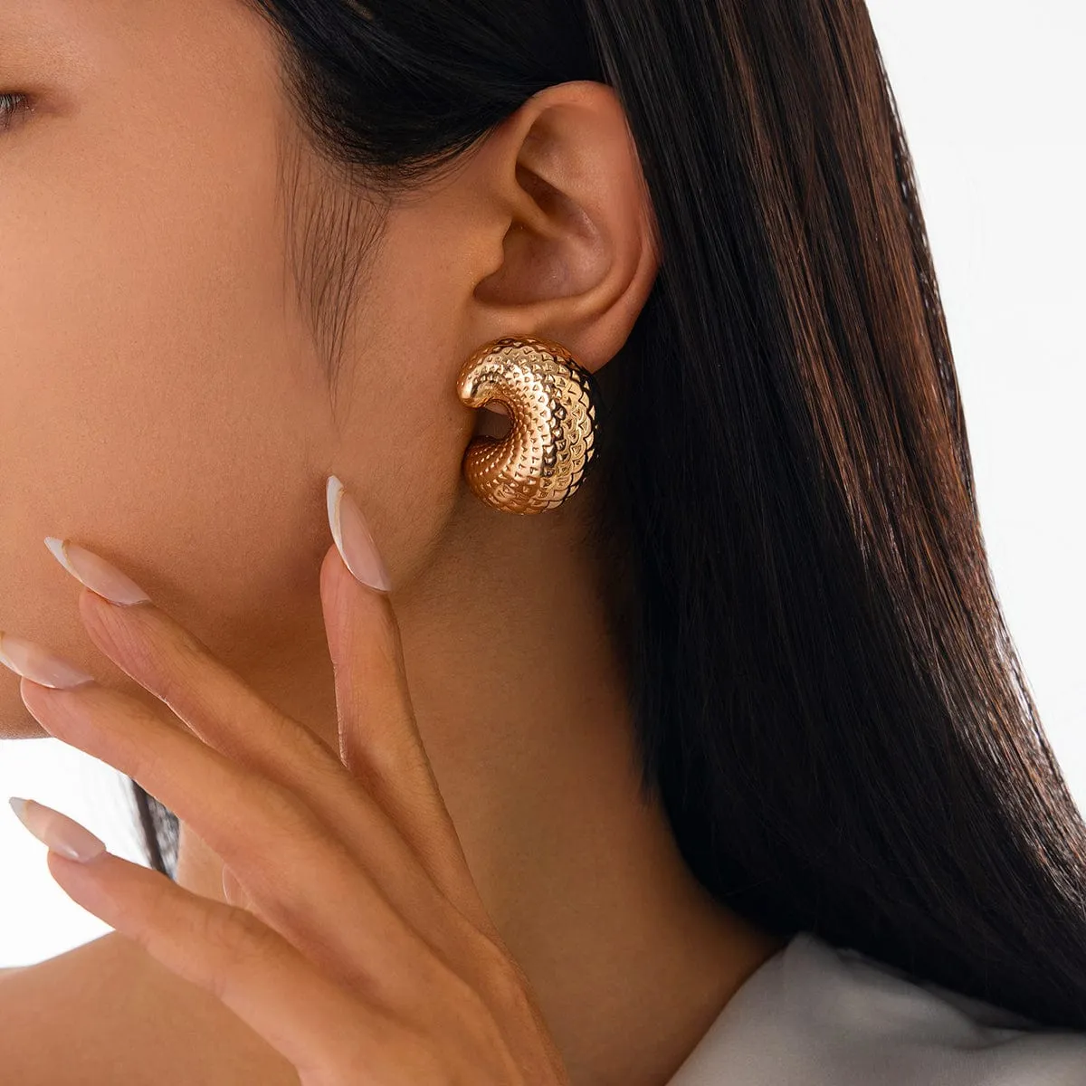 Chunky Gold Silver Tone Textured C Shaped Stud Earrings