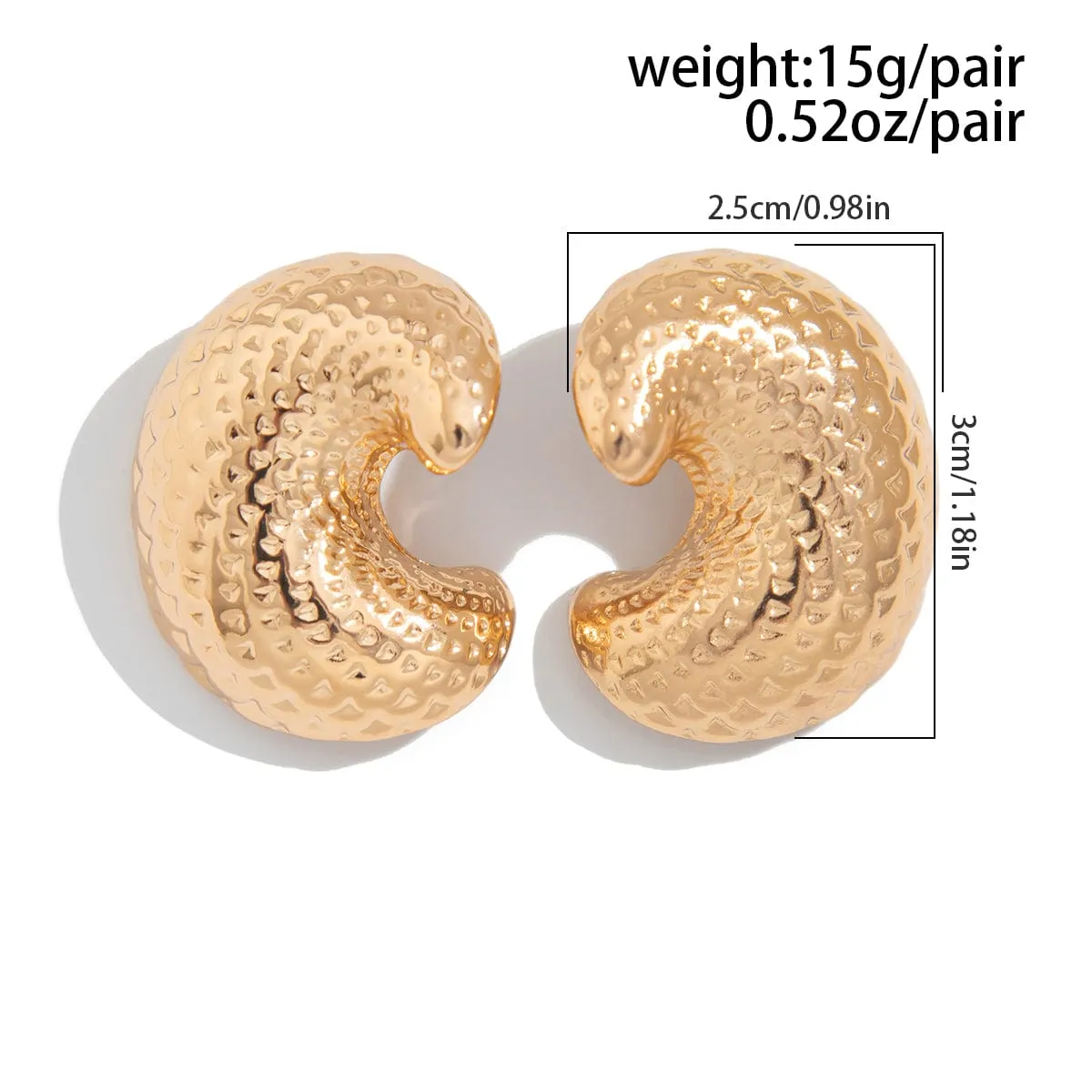 Chunky Gold Silver Tone Textured C Shaped Stud Earrings