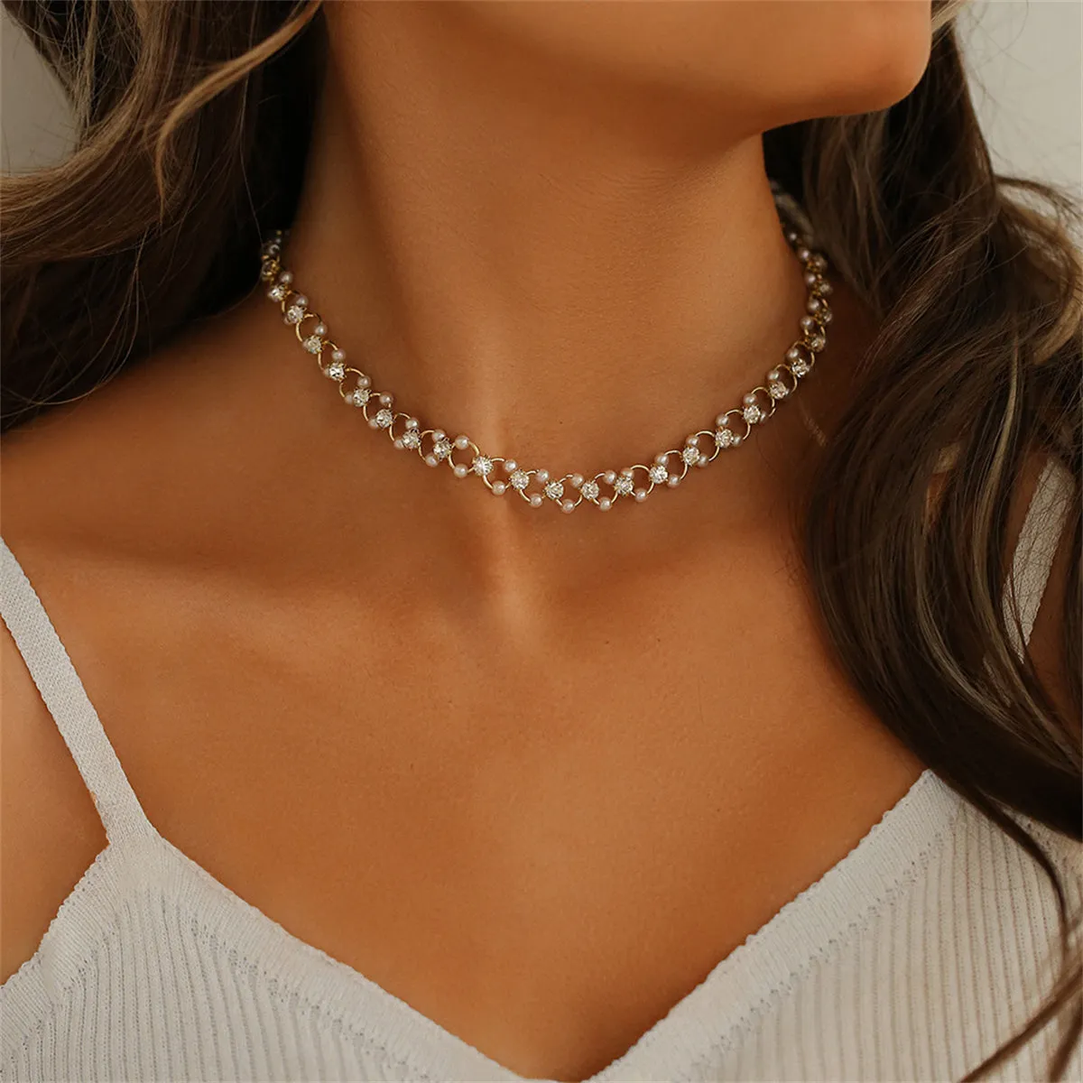 Clear Cubic Zirconia & Pearl 18K Gold-Plated Circle Choker Necklace